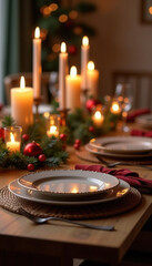 An elegant Christmas table setting with flickering candlelight, festive red napkins and ornamental pine garland creates a warm and cozy holiday atmosphere.