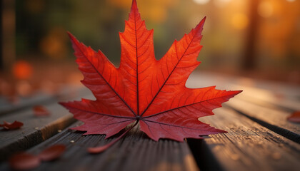 A vibrant red maple leaf resting on a wooden surface, illuminated by the soft golden glow of a fall sunset in a serene outdoor setting.