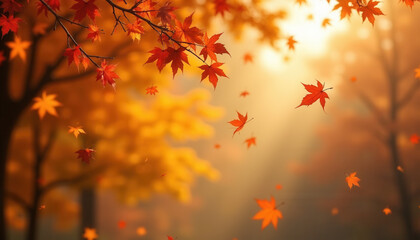 Vibrant autumn leaves in shades of red, orange, and yellow blanketing the ground, capturing the beauty of fall in soft golden sunlight