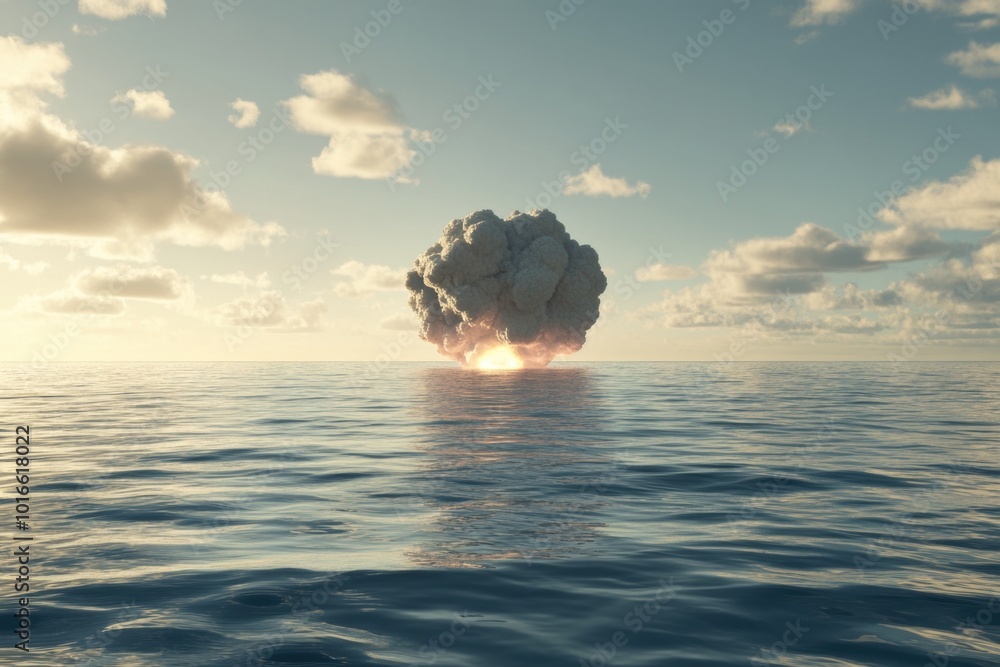 Poster a large cloud floating above the surface of the water.