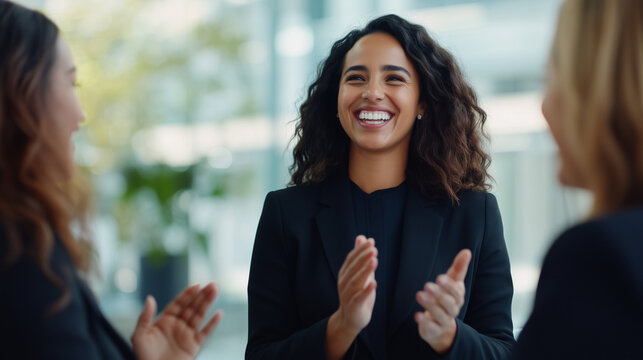 Professional women engaging in a lively conversation at a business event In a brightly lit office lobby, a group of women from different backgrounds engage in animated conversation