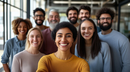 Group of multicultural colleagues celebrating success with a team selfie A group of colleagues from various cultural backgrounds are happily taking a group selfie during a company
