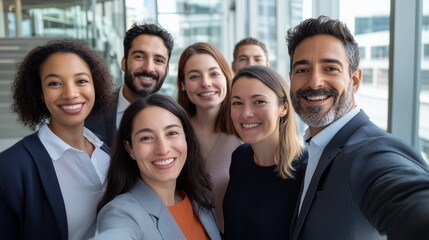 Obraz premium Group of multicultural colleagues celebrating success with a team selfie A group of colleagues from various cultural backgrounds are happily taking a group selfie during a company