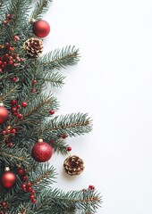 Rametti d'abete con agrifoglio rosso. Spazio bianco dove inserire messaggi e immagini