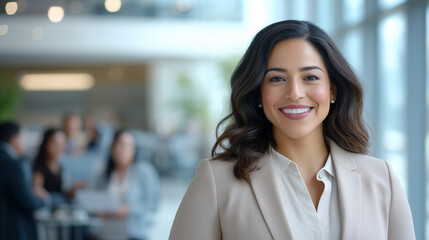 Fototapeta premium Female professional in business attire at corporate event with colleagues in background A businesswoman, dressed in a beige blazer, stands at the forefront of a corporate networkin