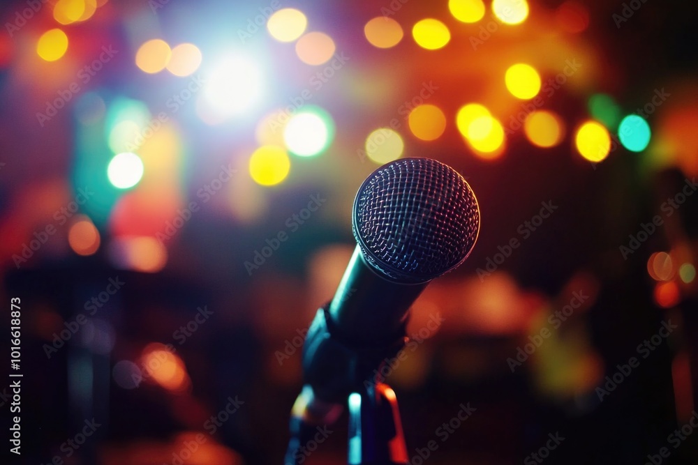 Poster a close-up shot of a microphone with colorful lights in the background, great for music or performan