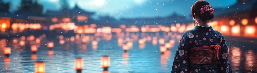 Fototapeta premium A serene night scene with a person in traditional attire by a water body adorned with floating lanterns.