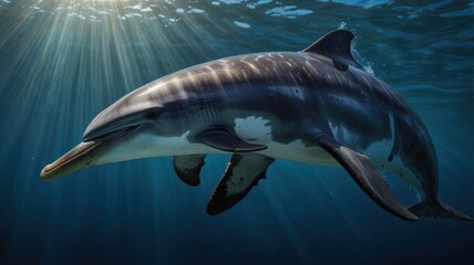 Fototapeta premium A dolphin swims through the clear blue water, sunlight shining through the surface above.