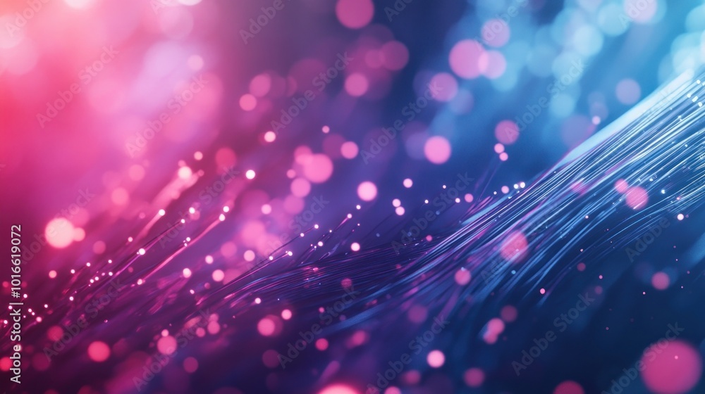 Poster abstract colorful background with glowing particles and flowing lines.