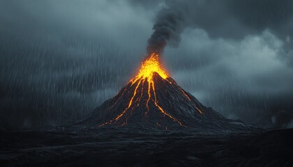 Fototapeta premium Erupting volcano with molten lava and smoke against a dark stormy sky, showcasing nature's raw power and beauty.