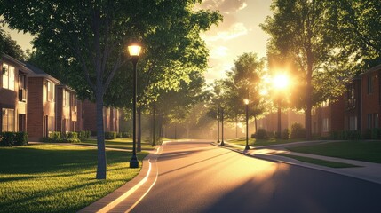 A suburban street with streetlights shining brightly as the sun sets, casting long shadows over neatly trimmed lawns.