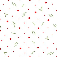 Big, small red balls and green branches on a white background