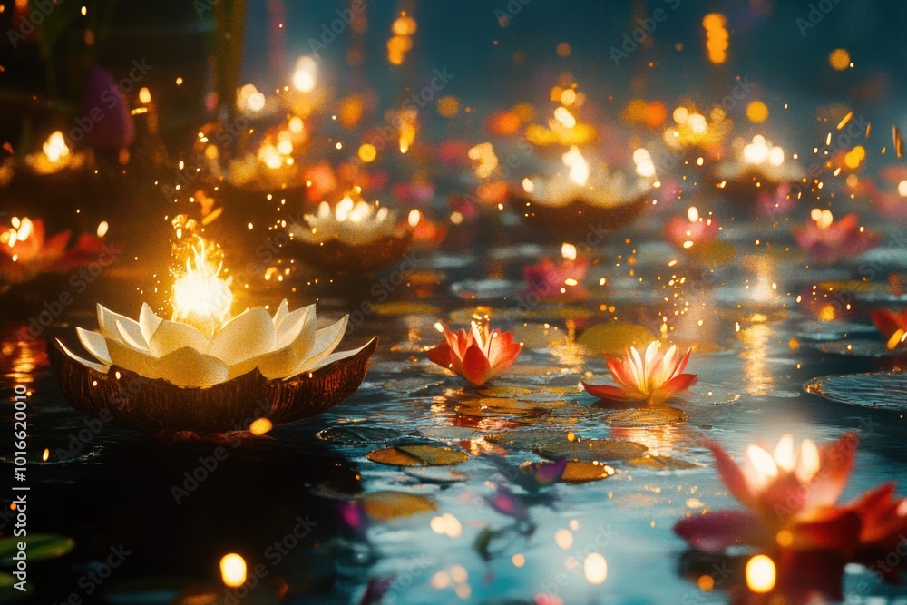 Aufkleber a group of water lilies floating on the surface of a calm body of water.