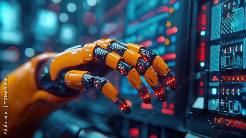 Poster futuristic robotic hand interacting with advanced technology in a high-tech environment, showcasing 