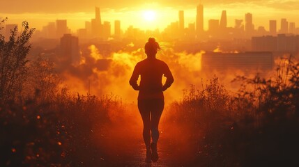 Silhouette of a Runner at Sunrise over City