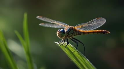 A dragonfly perched on a blade of grass with its wings spread out.