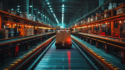 Fototapeta premium A cardboard box moves along a conveyor belt in a large warehouse.