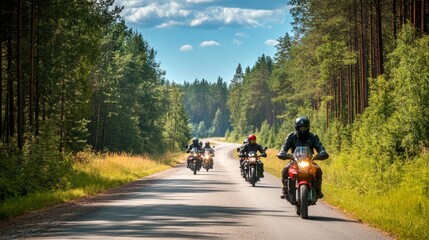 Obraz premium A group of motorbikes on the forest road riding. having fun driving the empty road on a motorcycle tour journey. In summer against a blue sky. front view