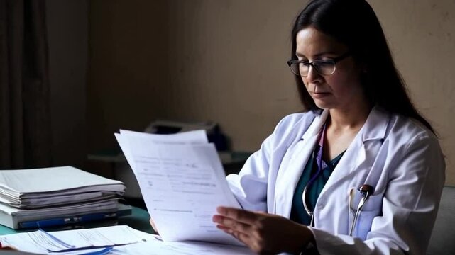 doctor reading patient chart with thoughtful expression or healthcare professional reviewing patient record or clinical diagnosis process with patient chart