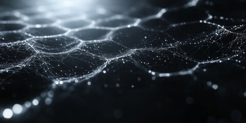 Dynamic polygonal shapes merging into a network of hexagons on a sleek black cyber grid, evoking a sense of modern technology and innovation