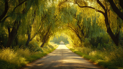 Obraz premium Sunlit tree tunnel landscape with a serene country road