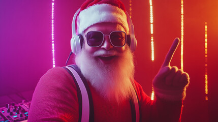 Święty Mikołaj w białych słuchawkach i z uśmiechem na twarzy gra najlepsze hity w klubie nocnym. 