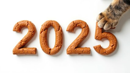  number 2025 made of brown baked good, cookies, on white background, cat's paw touching number 5. pet store promotion advertising, pet food advertisement, celebration and party preparation concept