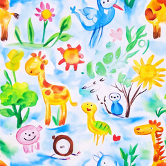 Seamless pattern of playful animals and nature in watercolor style