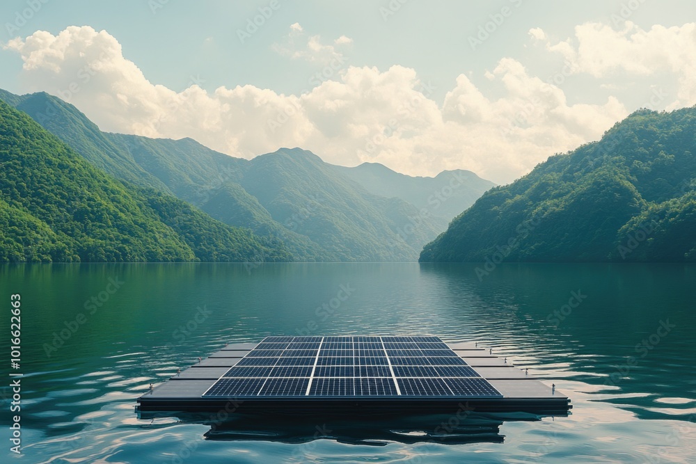 Poster A solar panel floating on the surface of a lake, with calm waters and surrounding trees.