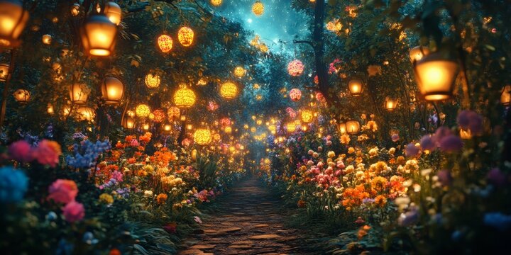 Enchanted garden with glowing lanterns, vibrant blooms, shimmering stars above, creating a magical evening atmosphere.