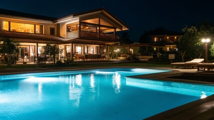 Holiday villa with a swimming pool at night, bright pool lights illuminating the surrounding lounge area.