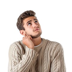 Serious young man looking up gesture isolated 