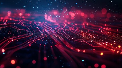 Obraz premium Abstract circuit board with glowing lights on a dark background, representing digital technology and connectivity.