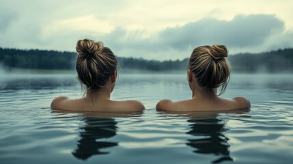 Two people enjoying the outdoors by the lake with trees in the background.