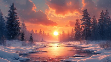 Naklejka premium A snowy forest scene with a river flowing through it, the sun setting in the background.