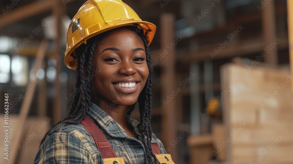 Poster Woman in hard hat and overalls, possibly on a construction site.