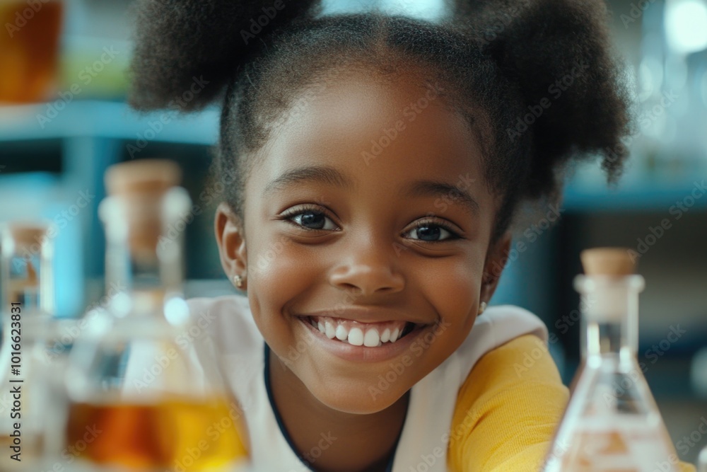 Aufkleber a young girl smiling in front of a table full of laboratory flasks, suitable for education and scien