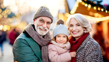 Obraz premium Grosseltern mit Enkelkind auf dem Weihnachtsmarkt 