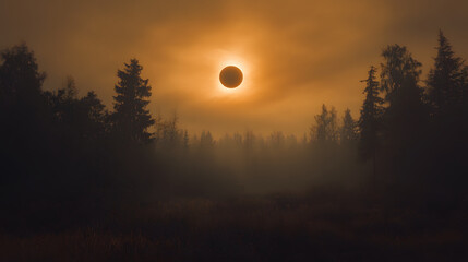 Fototapeta premium Solar eclipse in dark red glowing sky, mysterious natural phenomenon, astronomy event, moon darkening the sun
