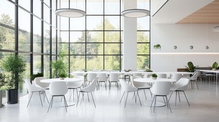 Fototapeta premium A modern break area in an office, featuring large windows that allow ample natural light to flood the space. The area is furnished with minimalist white tables and chairs