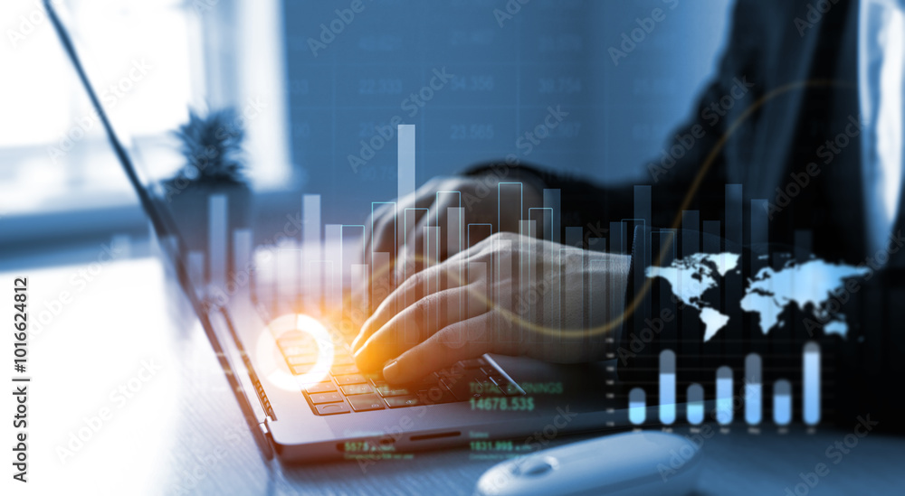 Poster businessman using laptop for analyzing data sales and financial graph chart. business development st