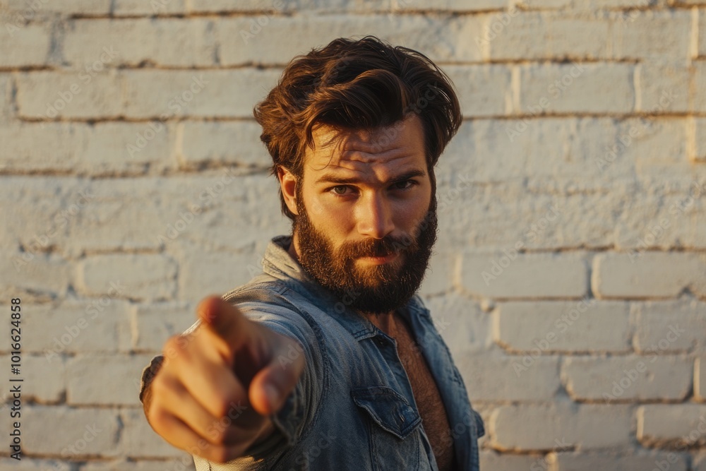 Aufkleber A man with a beard points towards the camera in this portrait.