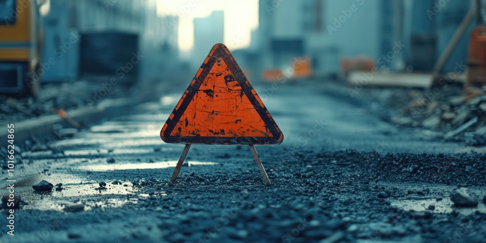 Poster a single construction cone sitting on the side of a road, often used for roadwork or traffic managem