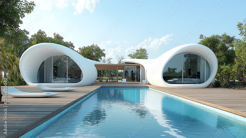 Poster modern architectural design with a unique shape and pool surrounded by greenery.