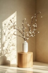 A simple still life featuring a white vase filled with white flowers.