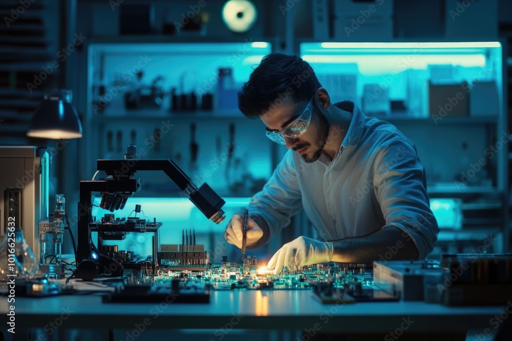 Poster a researcher examines a sample under a microscope in a laboratory setting.