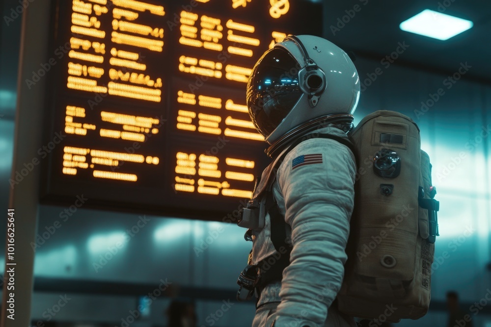 Poster astronaut wearing a spacesuit and carrying a backpack, suitable for sci-fi or adventure illustration