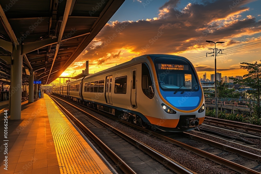 Poster a train pulls into a busy train station with passengers disembarking and others waiting to board.