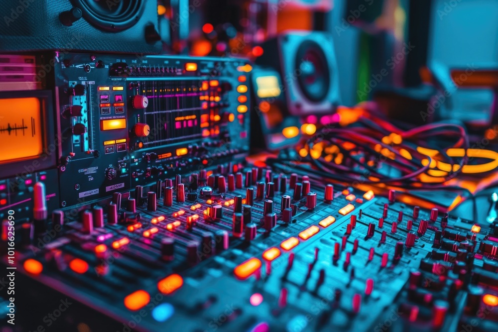 Poster a detailed view of a mixing board with many knobs and controls, ideal for music production or record