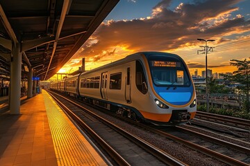Naklejka premium A train pulls into a busy train station with passengers disembarking and others waiting to board.